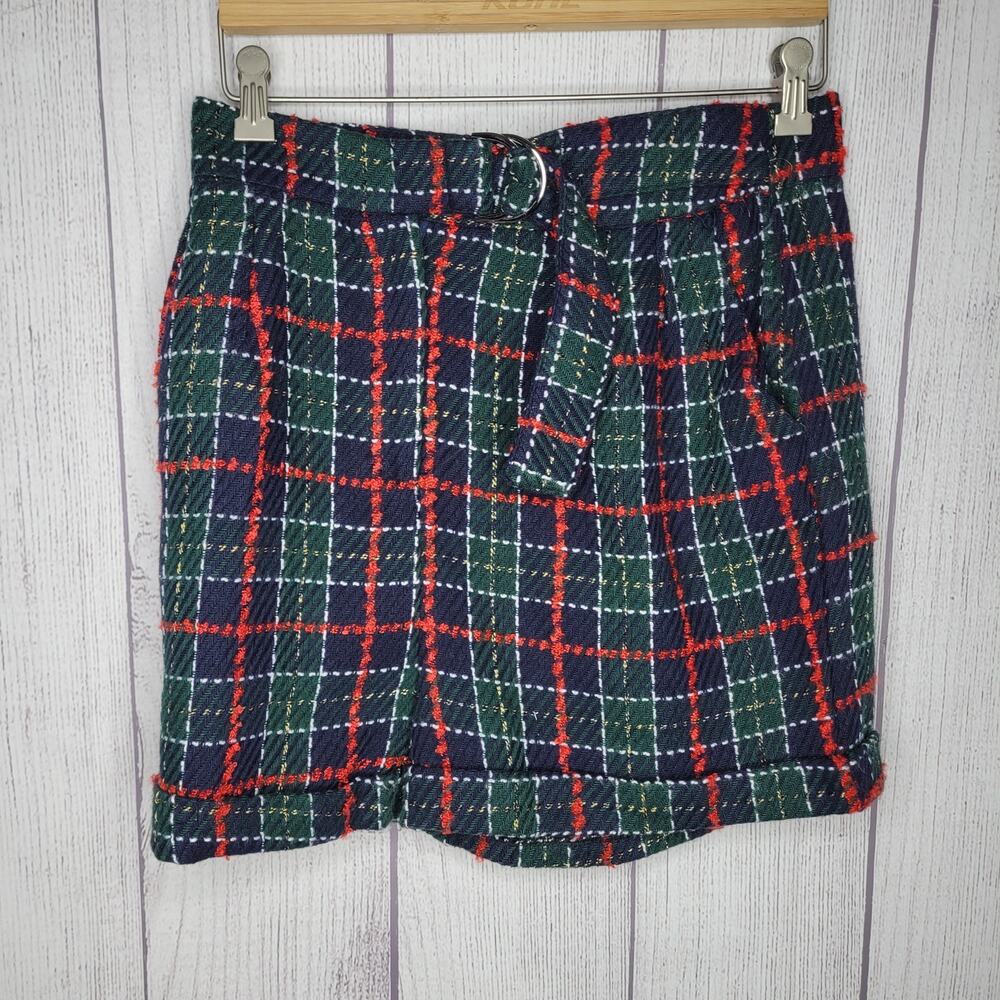 Tea & Cup Green Red Blue Super High Rise Plaid Belted Shorts Womens Size M